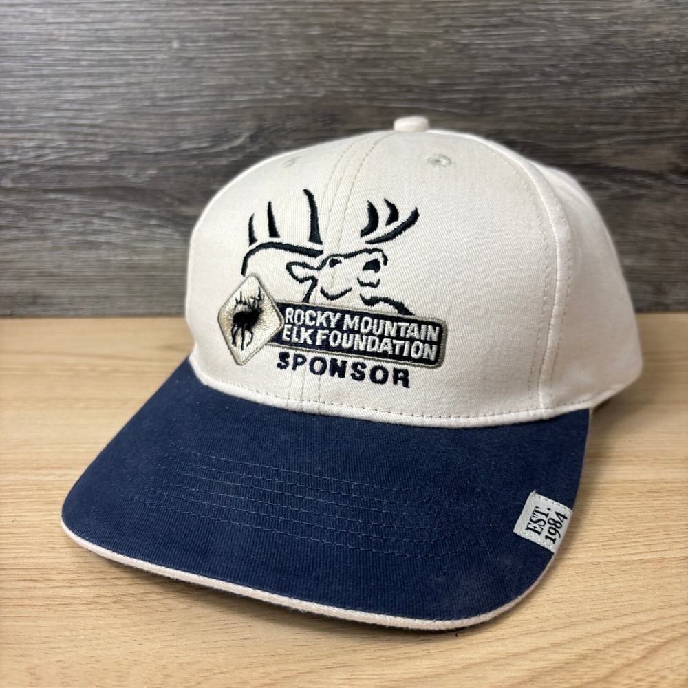 Rocky Mountain Elk Foundation Hat Cap Strap‎ Back Blue Beige Hunting RMEF